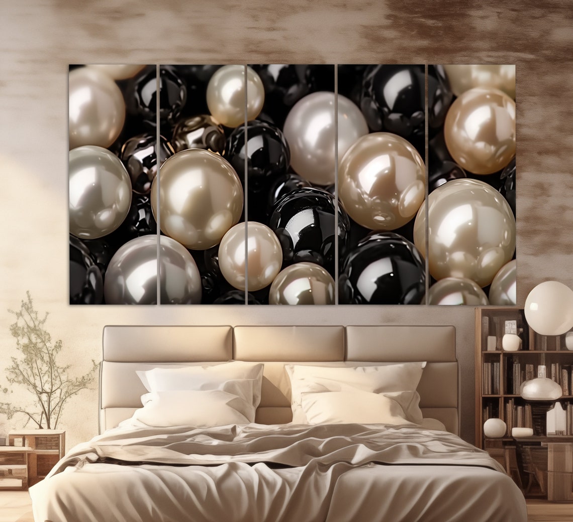Black White Champagne Pearls Close Up Luxe Abstract Fashion Wall Art - Image 3