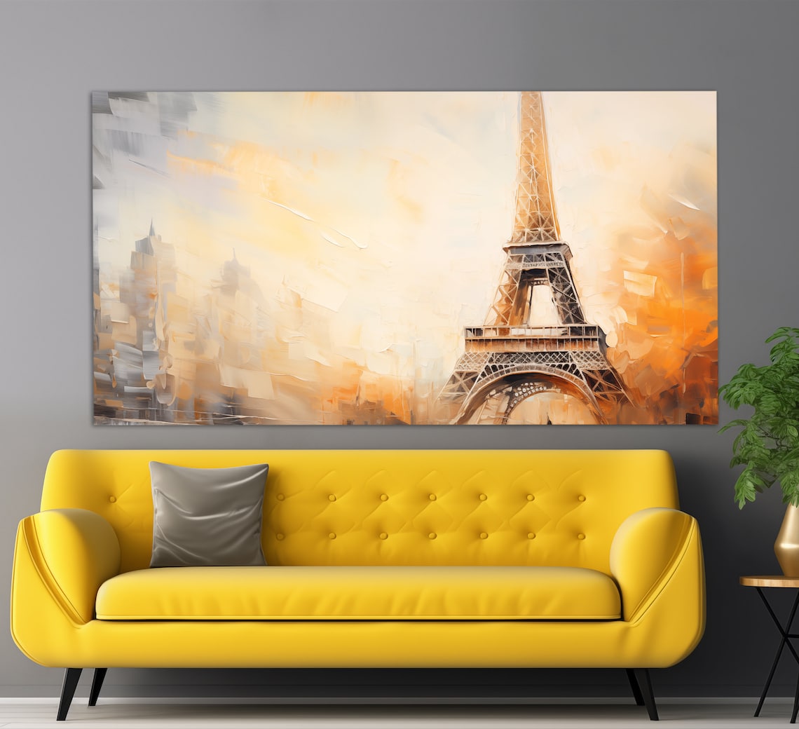 Eiffel Tower Abstract Oil Painting Warm Orange Gold Brushstrokes Print