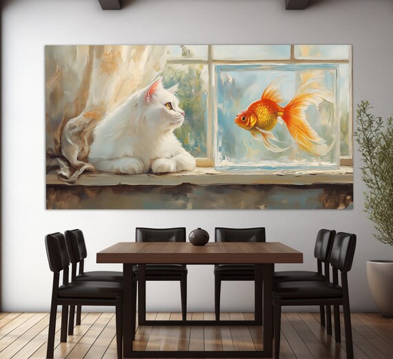 White Cat Watching Goldfish Aquarium Window Soft Oil Painting Style Poster