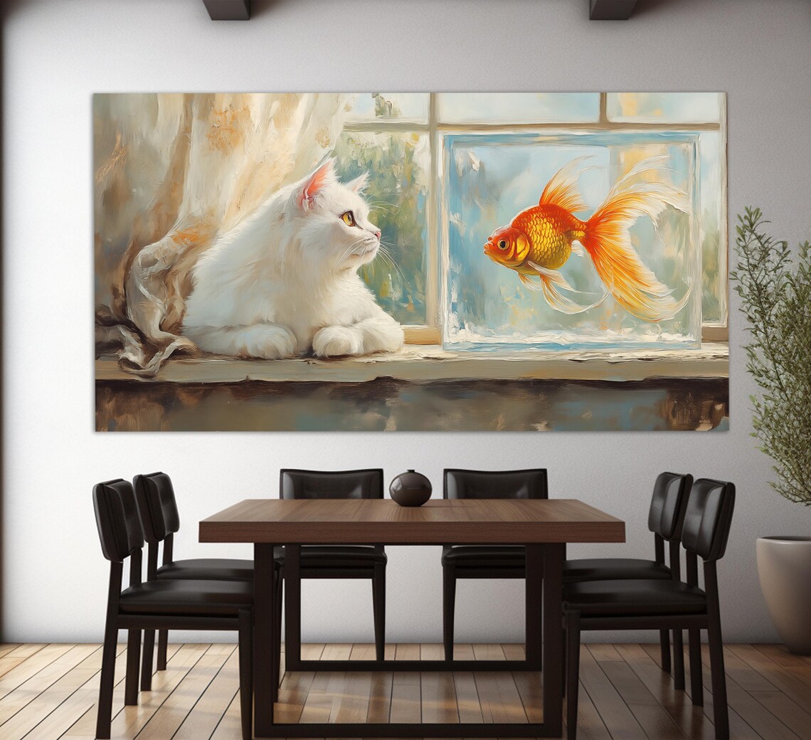 White Cat Watching Goldfish Aquarium Window Soft Oil Painting Style Poster