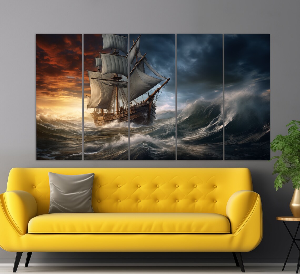 Old Sailboat Stormy Sea Waves Vintage Oil Painting Style Poster - Image 2