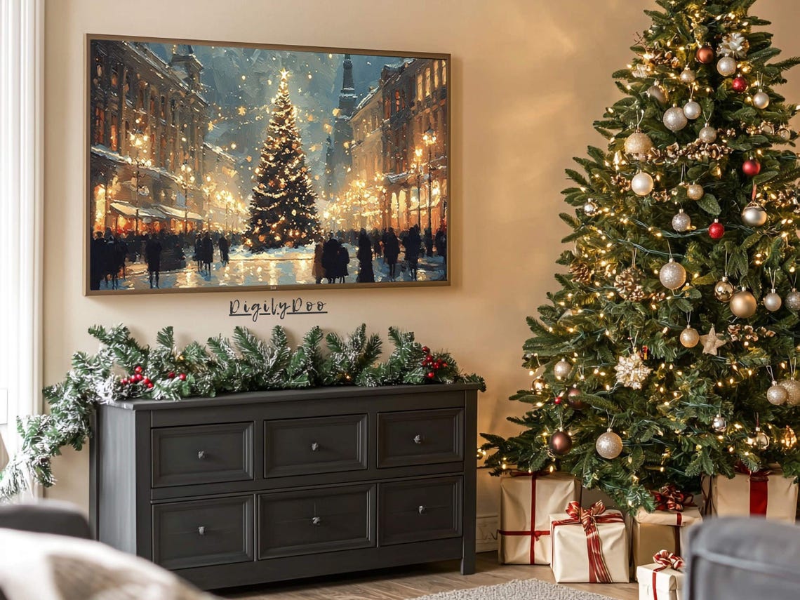 Christmas Frame Tv Art Moody Winter Christmas Tree City Tv Decor Vintage Village Town Night Painting Holiday Screensaver - Image 3