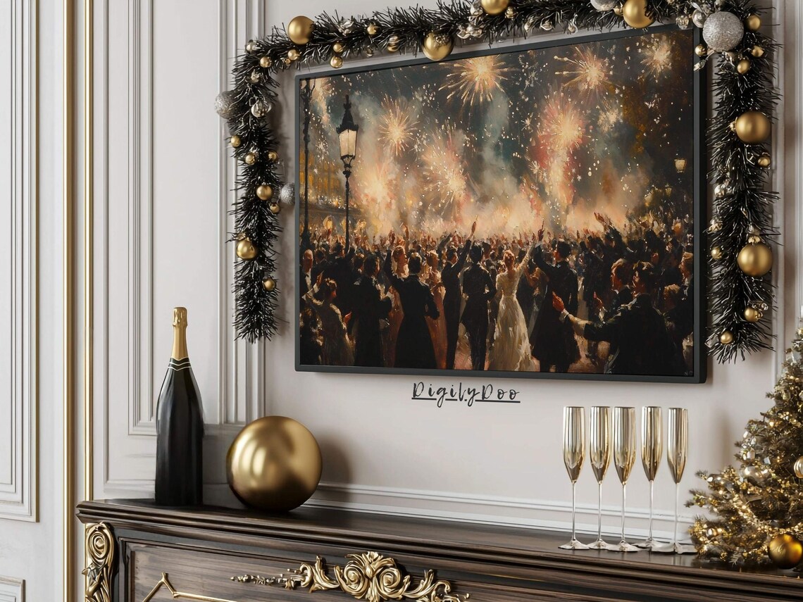 New Year Fireworks Crowd Vintage Celebration Night Party Art Poster - Image 3