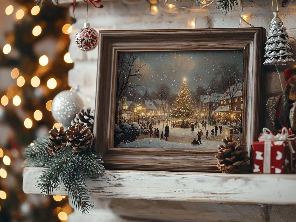 Christmas Tree Village, Vintage Holiday Town Art Print - Image 3