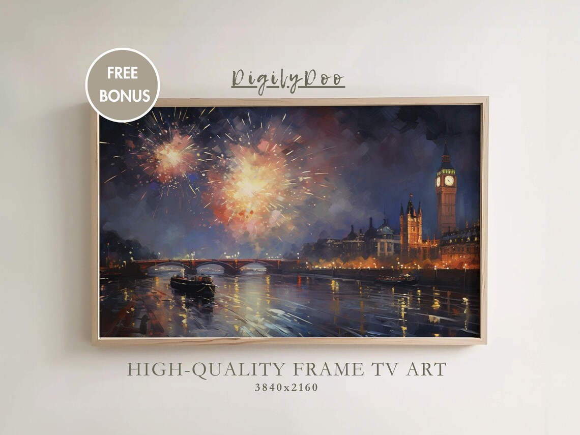 Vintage London Fireworks New Year 2025 Travel Poster