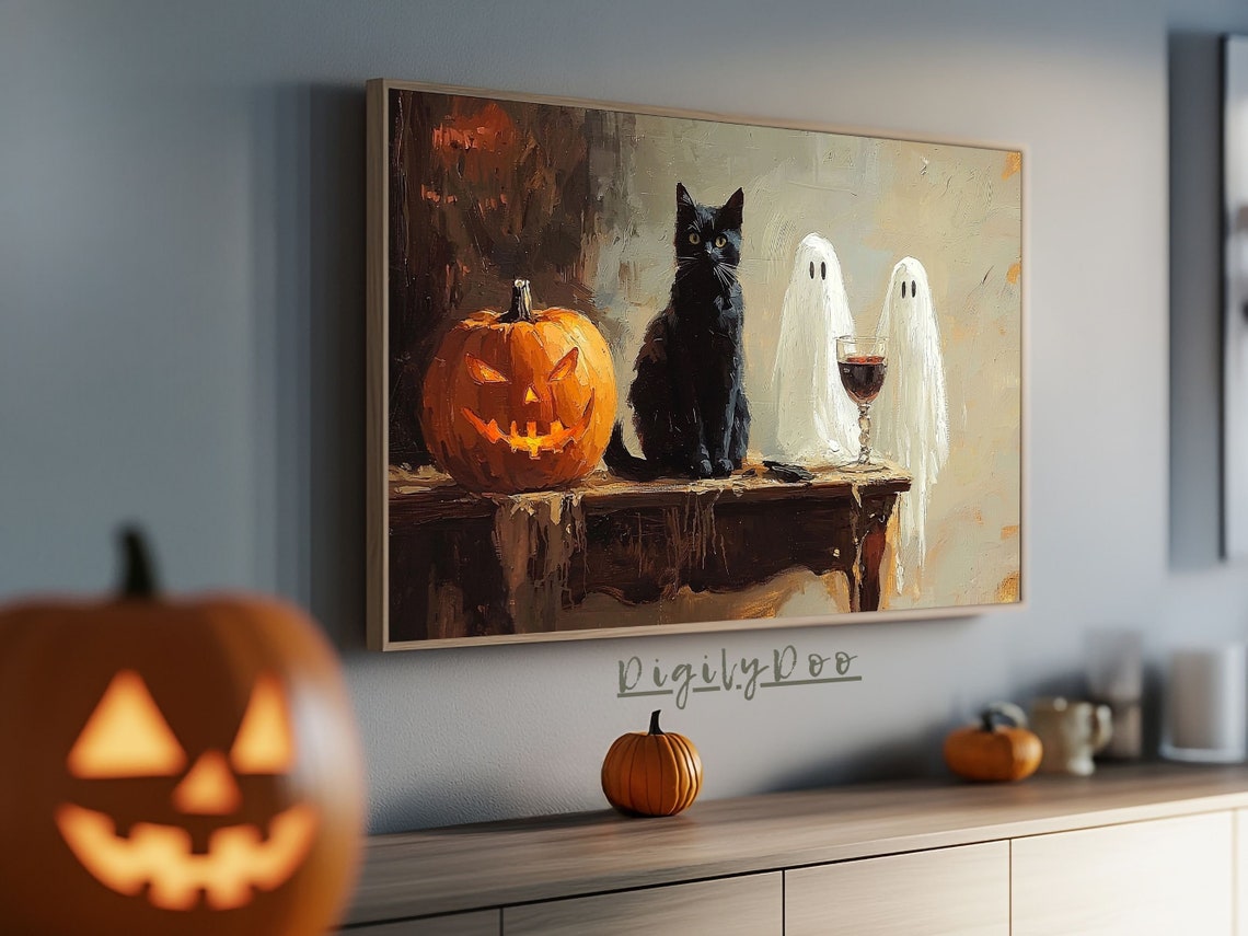 Black Cat Jack O Lantern Ghosts Halloween Night Table Scene Poster - Image 3