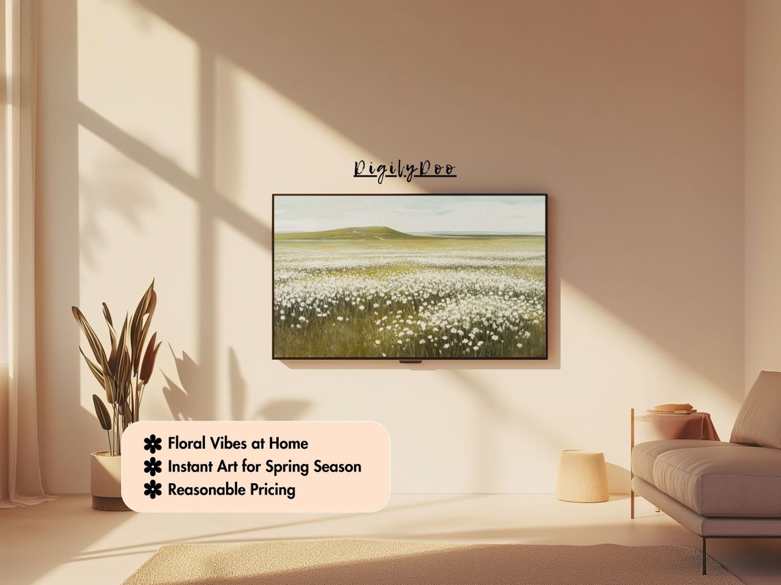 White Wildflower Field Hillside Sunny Meadow Landscape Poster - Image 3