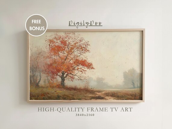 Fiery Red Autumn Tree Misty Field Fall Landscape Frame TV Print