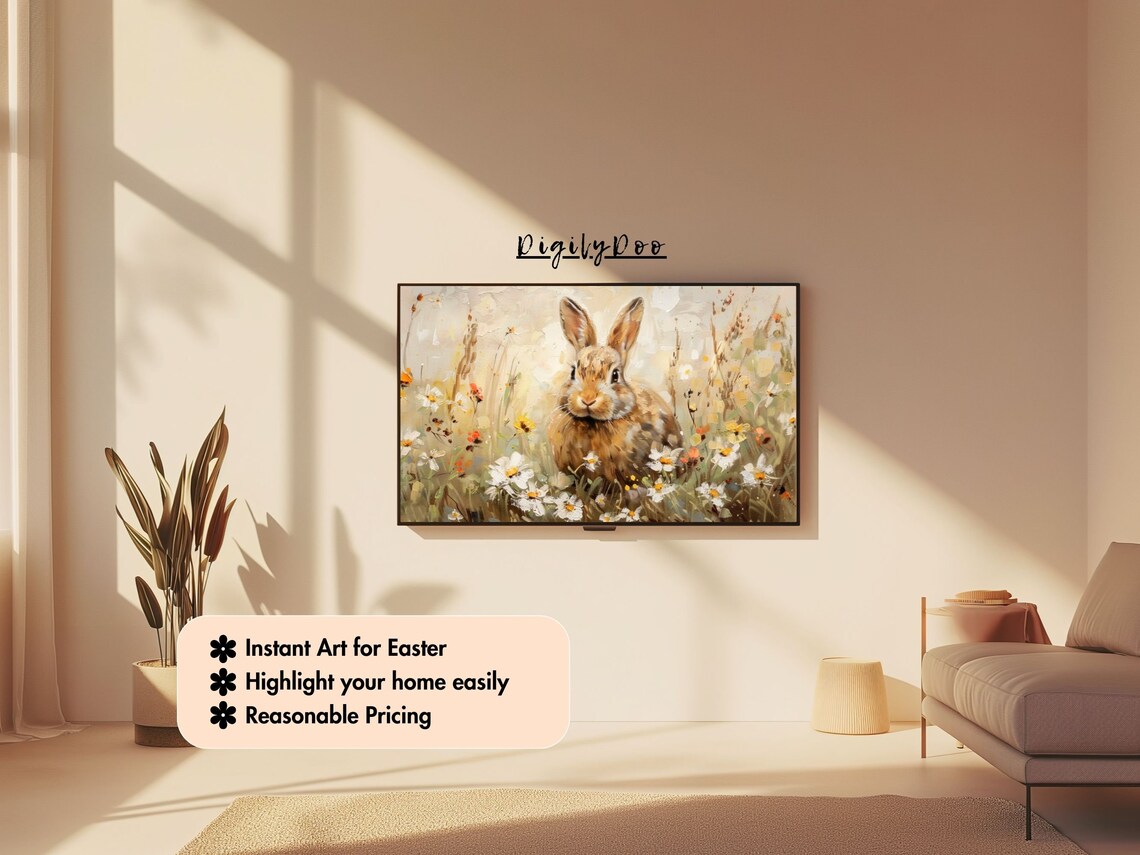 Easter Bunny In Flowerfield, Vintage Farmhouse Art Print - Image 3