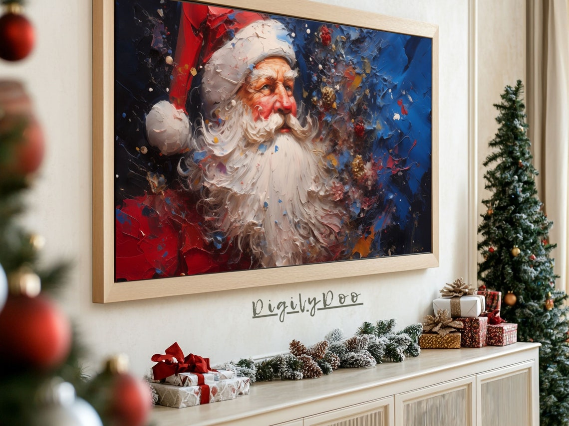 Christmas Frame Tv Art Abstract Santa Claus Oil Painting Santa Holiday Tv Decor Winter Art Screensaver Colorful Santa - Image 3