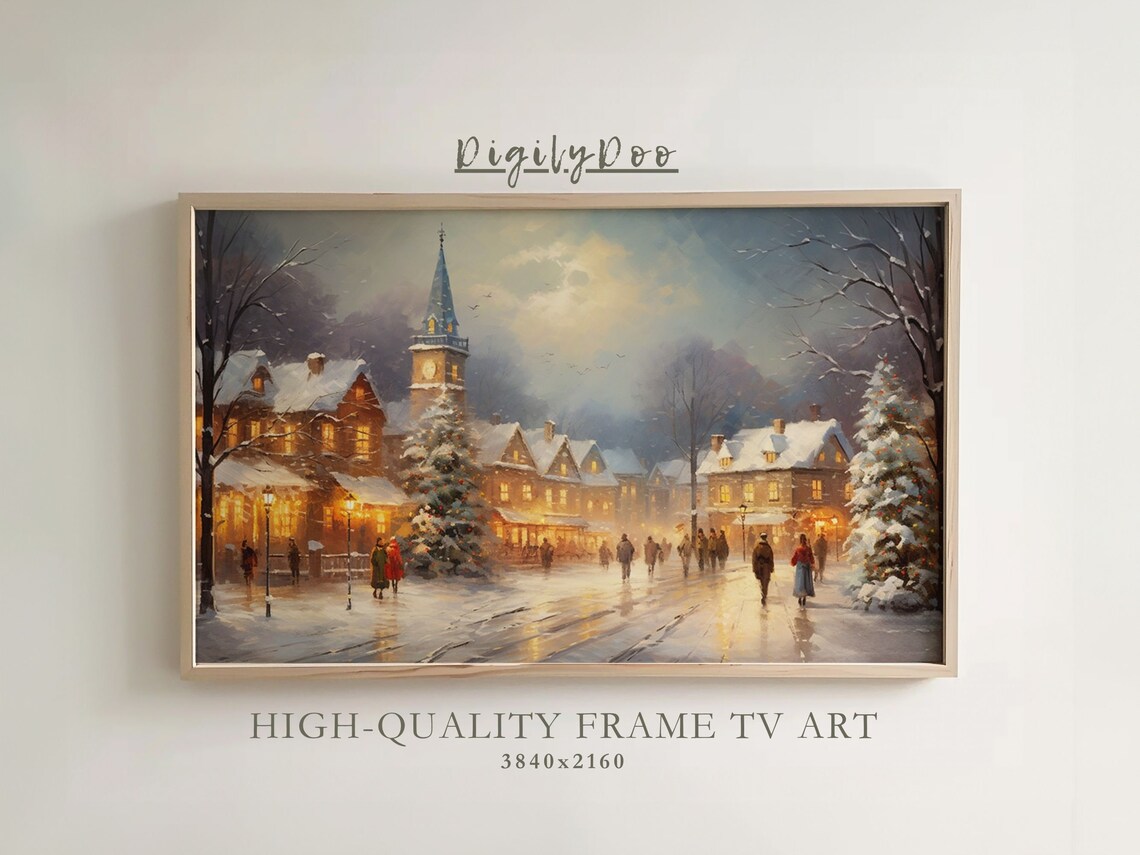 Snowy Village Street Night Church Steeple Christmas Scene Poster
