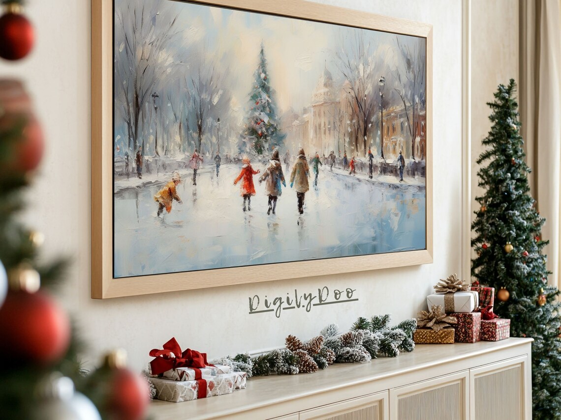 Winter Ice Skating Holiday Landscape Poster Print - Image 3