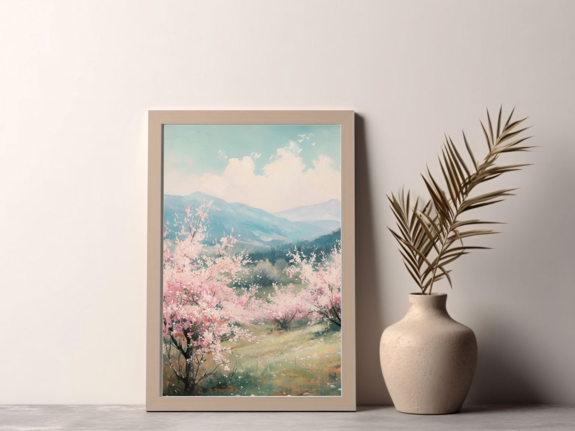 Pink Spring Blossoms Mountain Valley Pastel Landscape Poster - Image 2