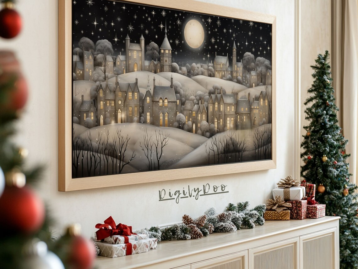 Snowy Vintage Town Christmas Artwork, Holiday Landscape - Image 3