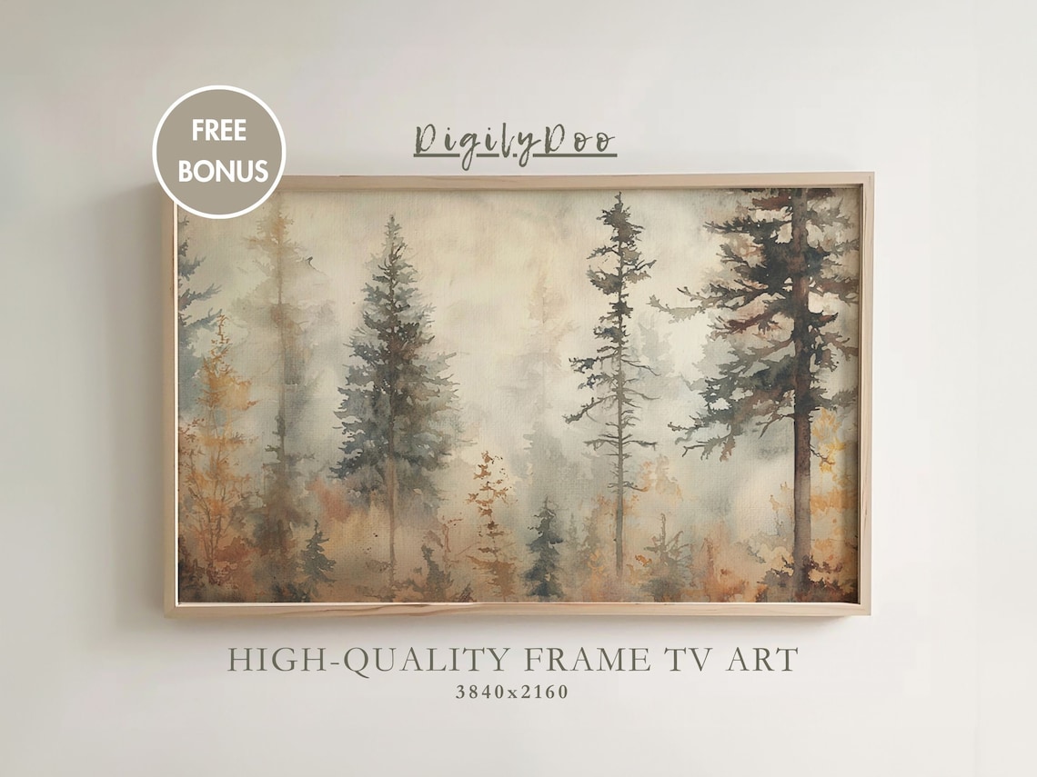 Serene Misty Pine Forest Foggy Watercolor Woodland Frame TV Print