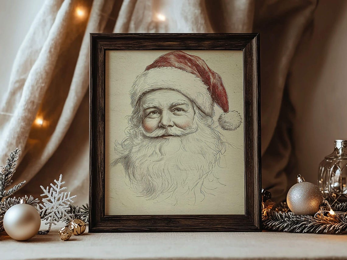 Vintage Santa Claus Sketch Portrait Pencil Drawing Holiday Art Poster - Image 2