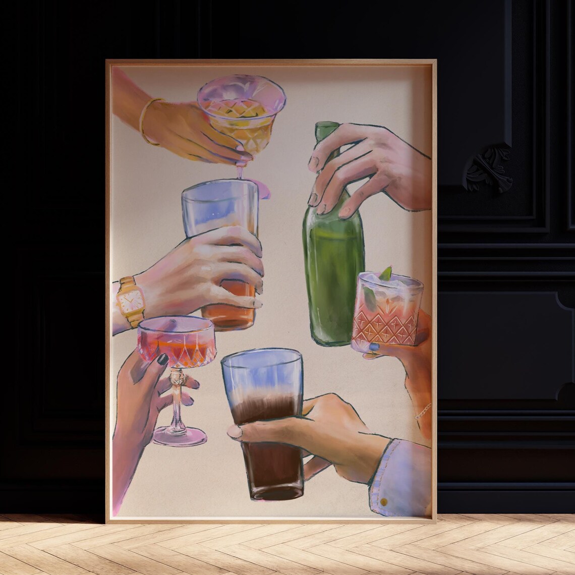 Friends Cheers Cocktail Toast Watercolor Hands Bar Cart Party Wall Art