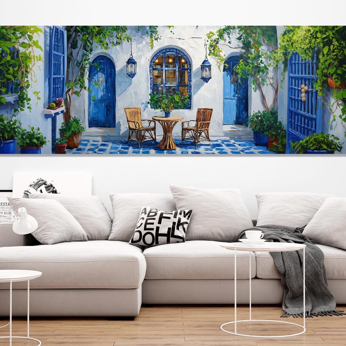 Moroccan Blue Doors Courtyard Cafe White Walls Painting Travel Poster