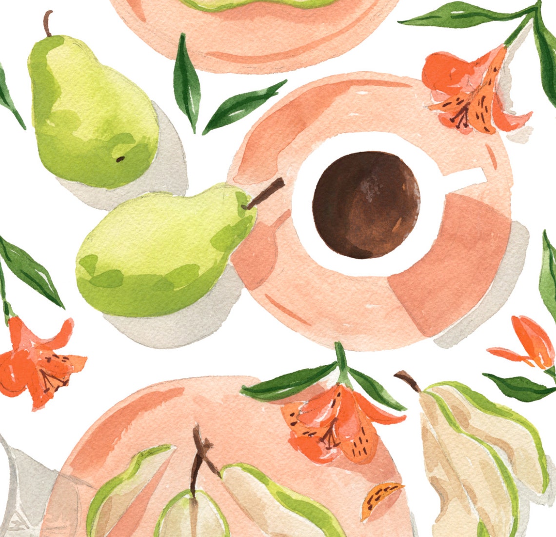 Green Pears Coffee Cup Orange Lily Watercolor Kitchen Pattern Wall Art