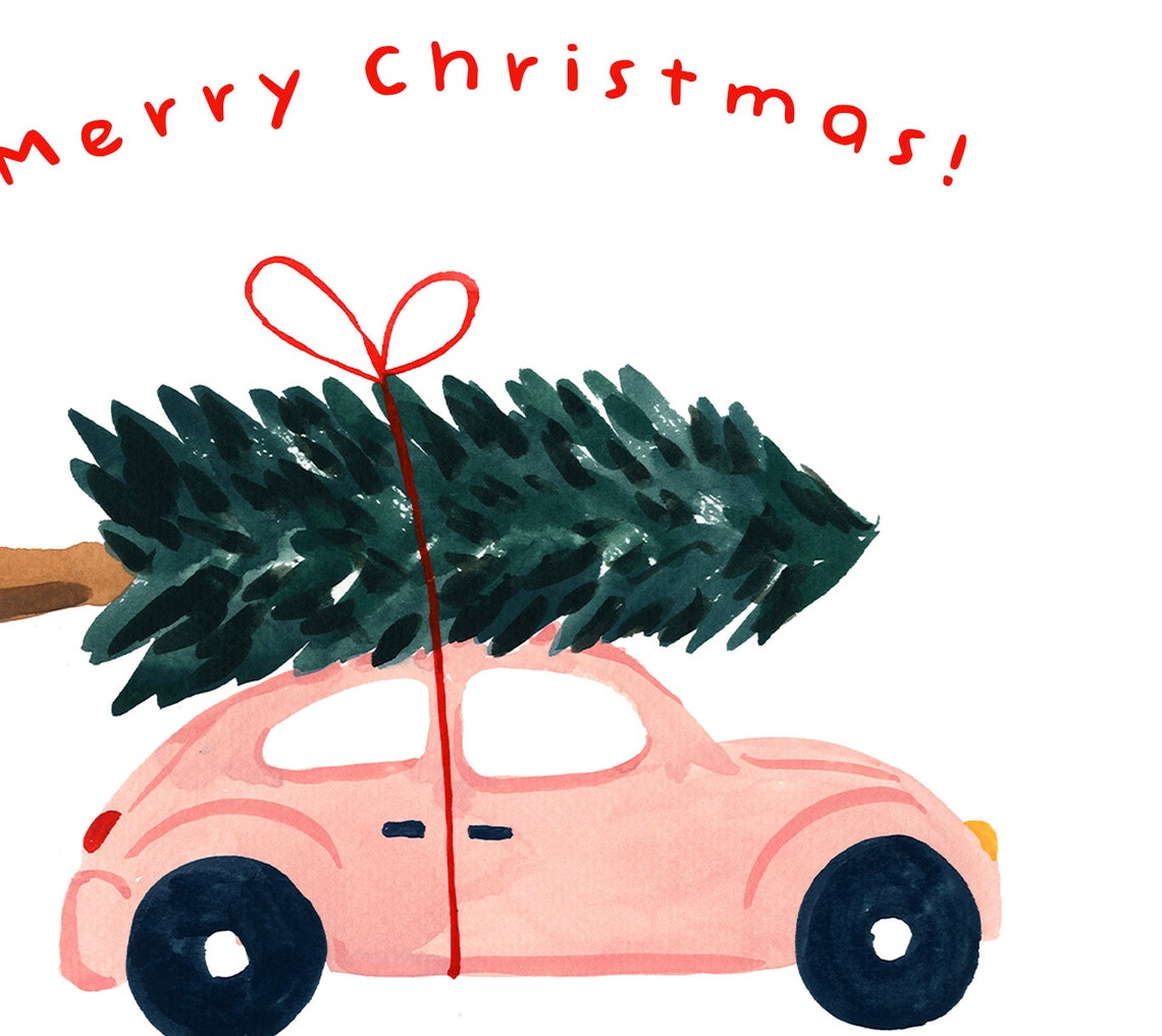 Pink Car With Christmas Tree Merry Christmas Card Retro Holiday Print - Image 2