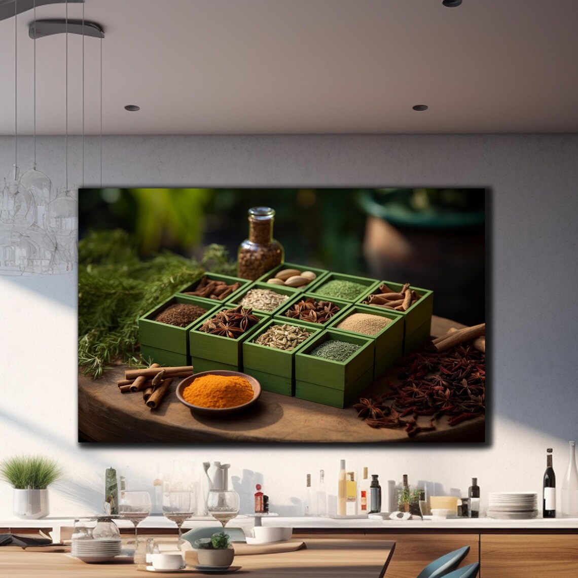 Herbs and Spices Turmeric Cinnamon Green Wooden Box Wall Art Poster