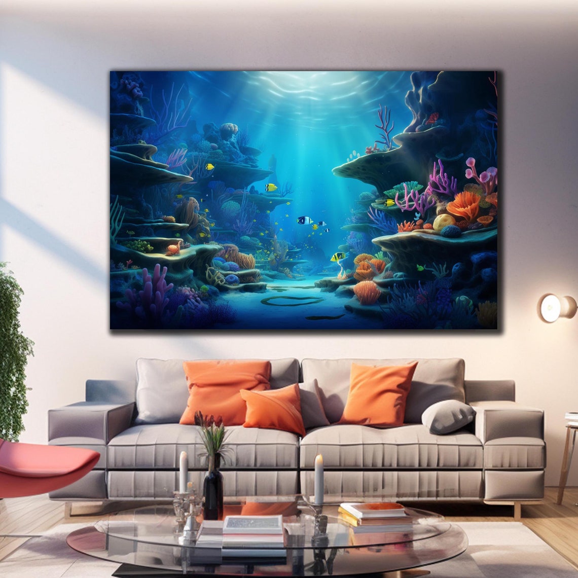 Coral Reef Canyon Colorful Fish Sunbeams Underwater Scene Poster
