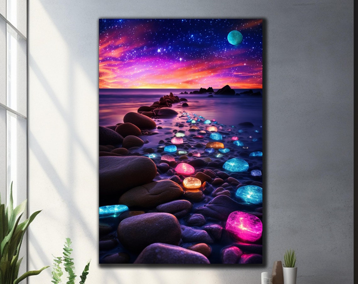 Galaxy Beach Sunset Glowing Colorful Stones Moonlight Sky Art Poster