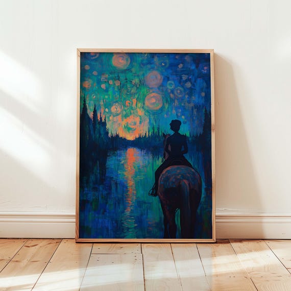 Girl Riding A Horse At Night Dreamy Equestrian Art Print Moody Blue Horseback Wall Whimsical Rider Illustration Animal Lover Gift