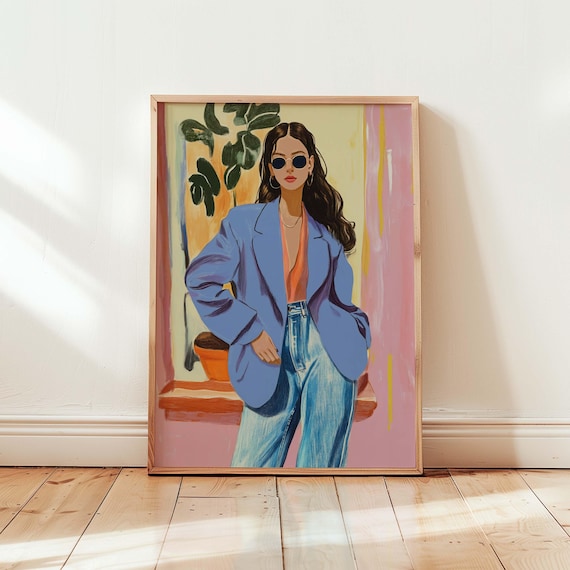 Cool Girl Retro Fashion Illustration Blue Blazer Sunglasses Art Poster