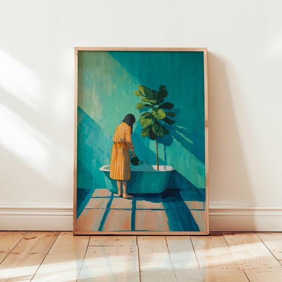 Woman With Plant Art Print Lady Modern Crazy Monstera Boho Wall Soft Light Teal Green