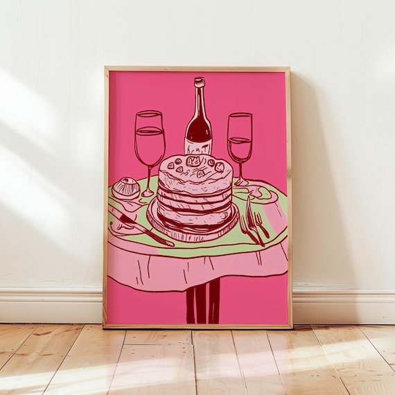 Pink Cake and Wine Bottle Line Illustration Kitchen Art Poster