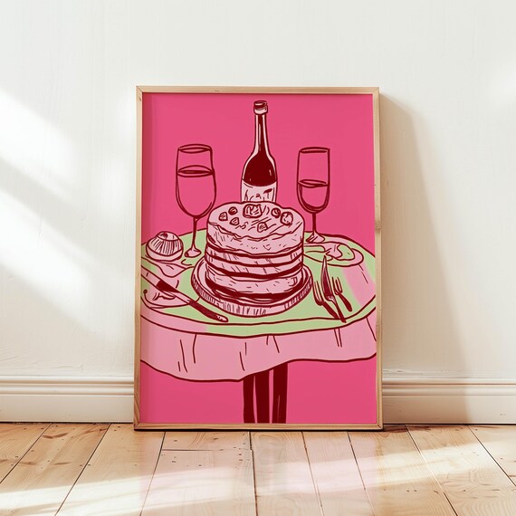 Pink Cake And Wine Wall Art Modern Food Illustration Print Colorful Kitchen Decor Dining Room Artwork Preppy Dessert Poster