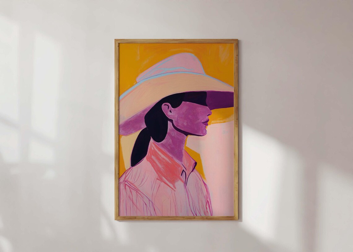 Cowgirl Profile Portrait White Hat Mustard Yellow Background Art Poster