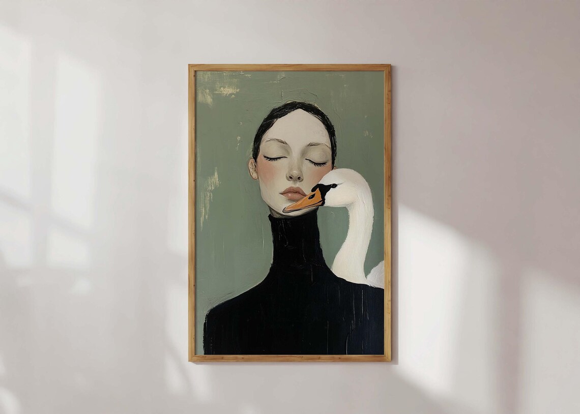 Swan And Woman Modern Art Print, Minimalist Portrait