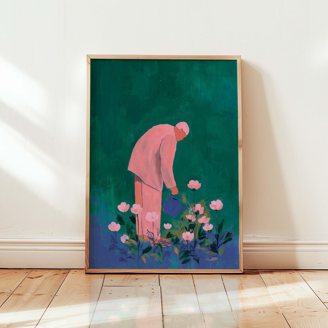 Pink Flower Gardener Watercolor Abstract Floral Figure Poster