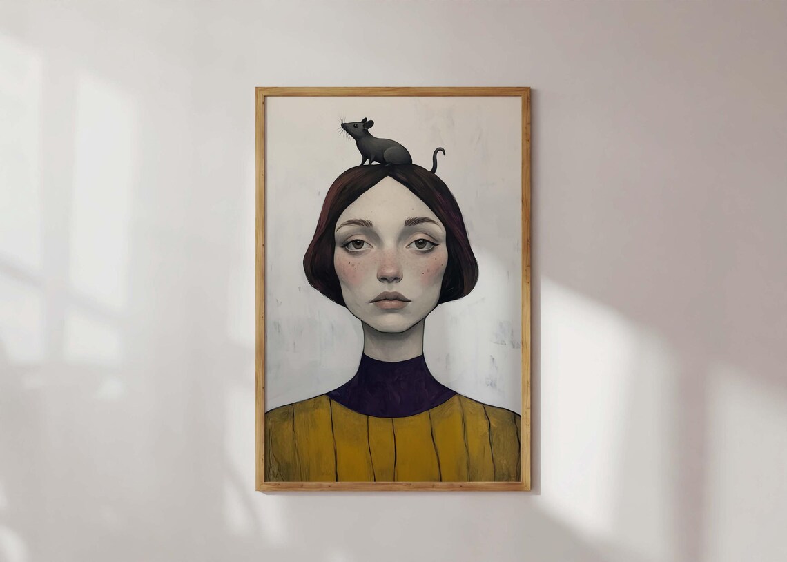 Woman With Mouse On Head Surreal Portrait Poster Moody Mustard Yellow Art