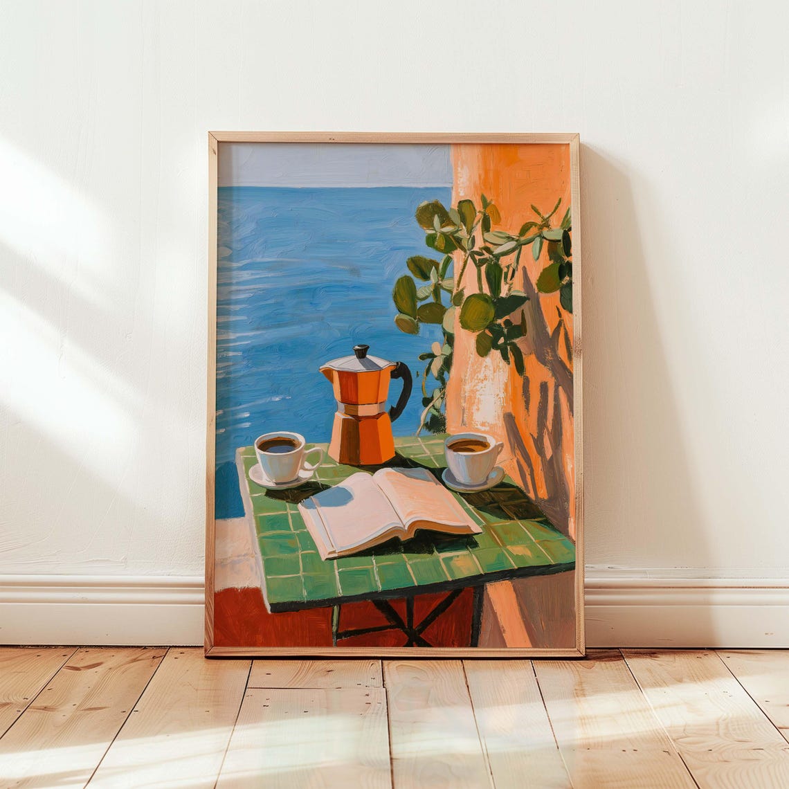 Amalfi Coast Morning Coffee and Book Seaside Painting Poster