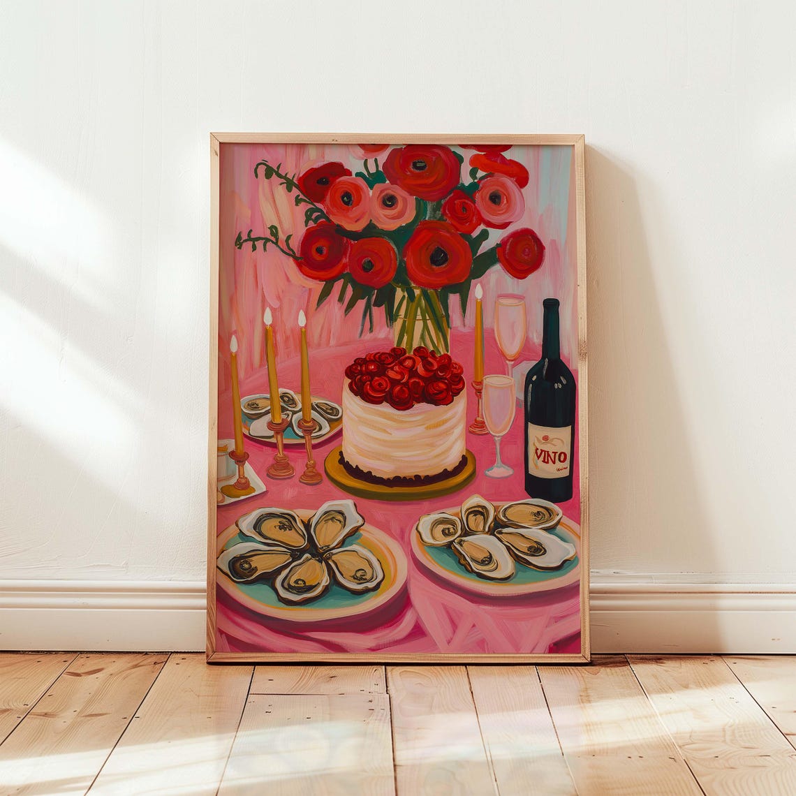 Romantic Red Flower Dinner With Cake Oysters and Wine Still Life Print