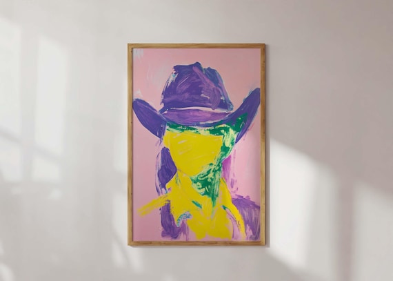 Abstract Cowboy Portrait Purple Hat Pink Background Pop Art Style Poster