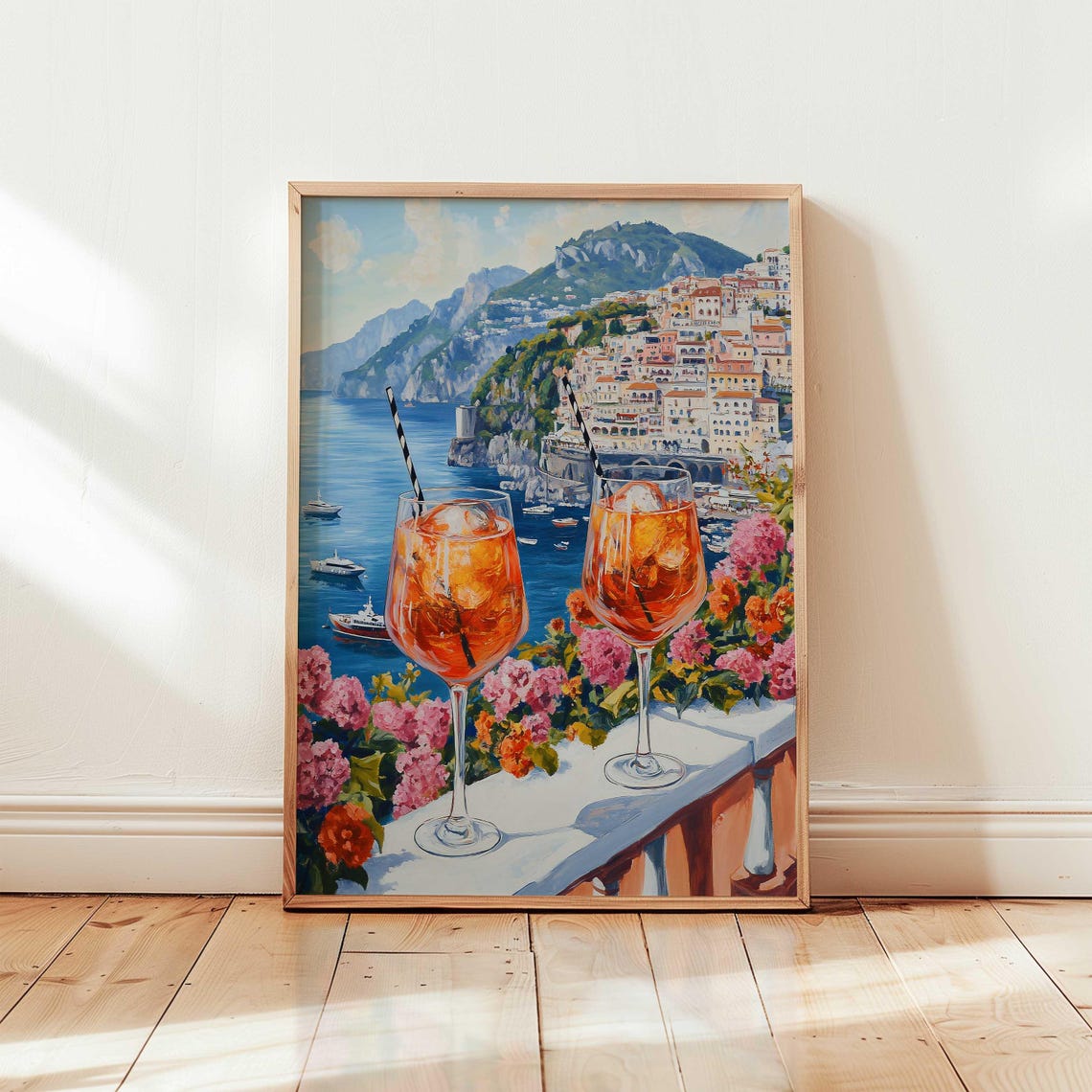 Amalfi Coast Aperol Spritz Cocktails Coastal Italy Painting Poster