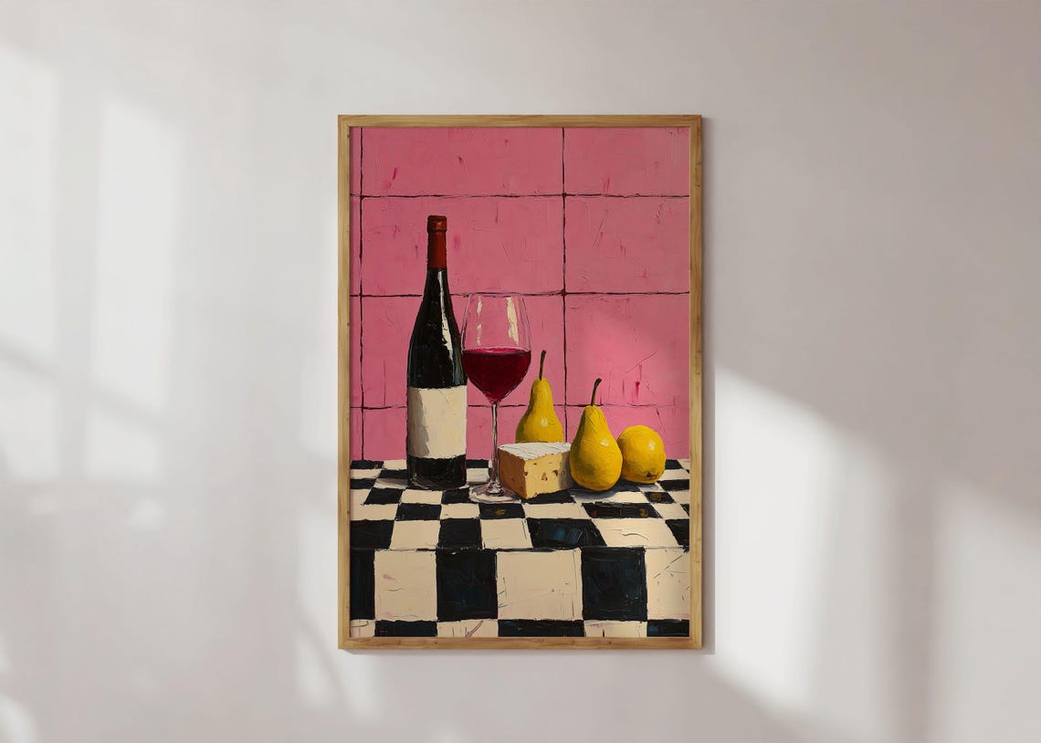 Wine Cheese Pears Pink Tiles Checkerboard Still Life Painting Poster
