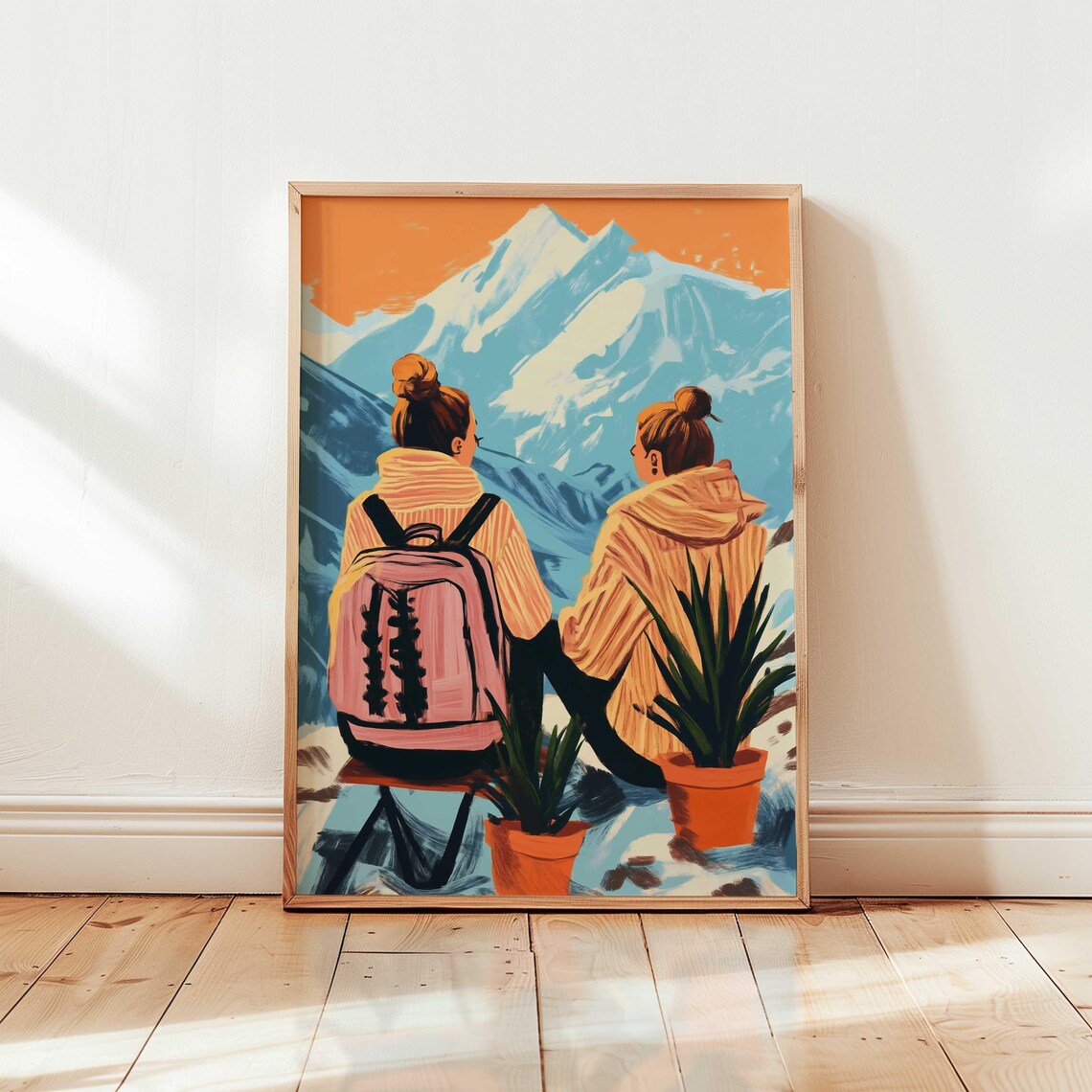 Two Hiking Friends Facing Snowy Mountains At Sunset Illustrated Art Poster