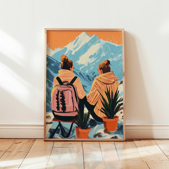 Two Hiking Friends Facing Snowy Mountains At Sunset Illustrated Art Poster