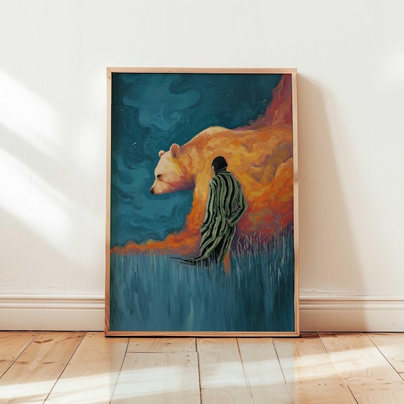 Whimsical Minimalist Wall Art Bear Spirit Animal Print Surreal Bold Mystical Woman Poster Surrealist