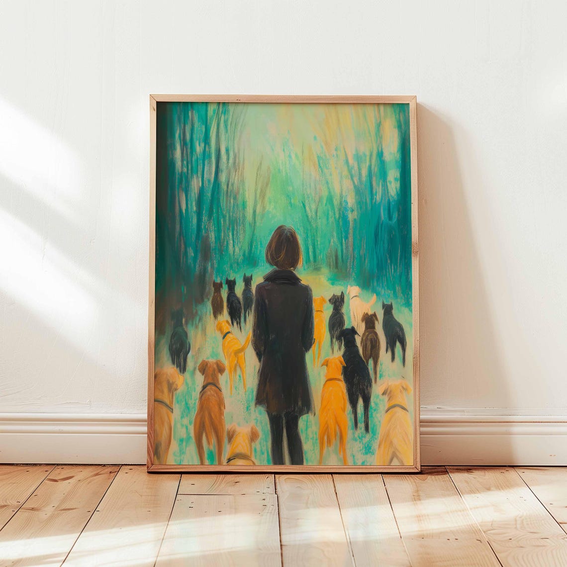 Woman Walking Dog Pack Forest Painterly Pet Lover Gallery Poster