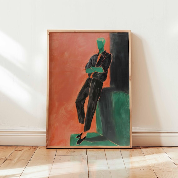 Abstract Man Figure Terracotta Green Modern Eclectic Portrait Art Print