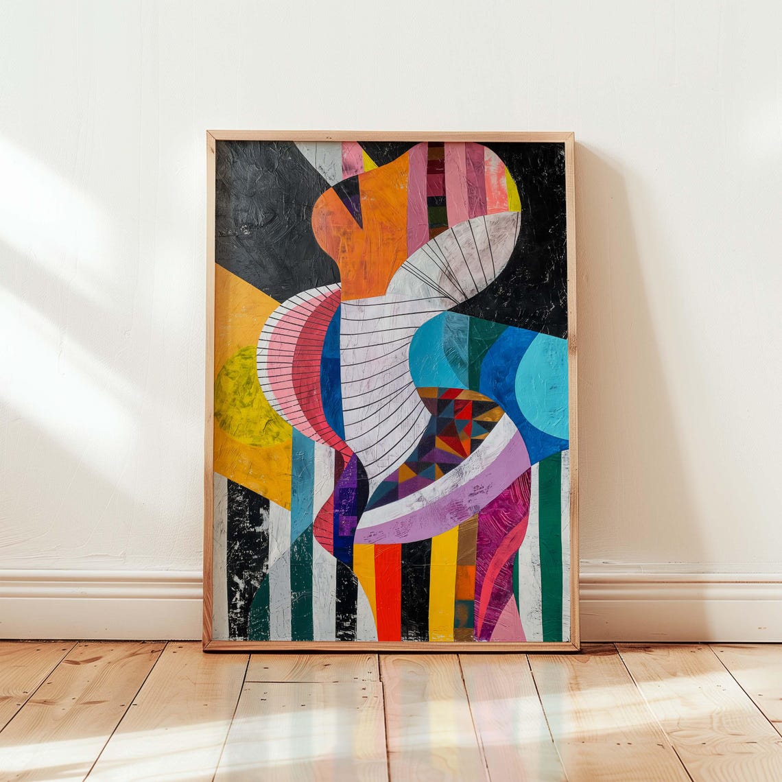 Colorful Curved Bands Abstract Painting on Dramatic Black Art Poster