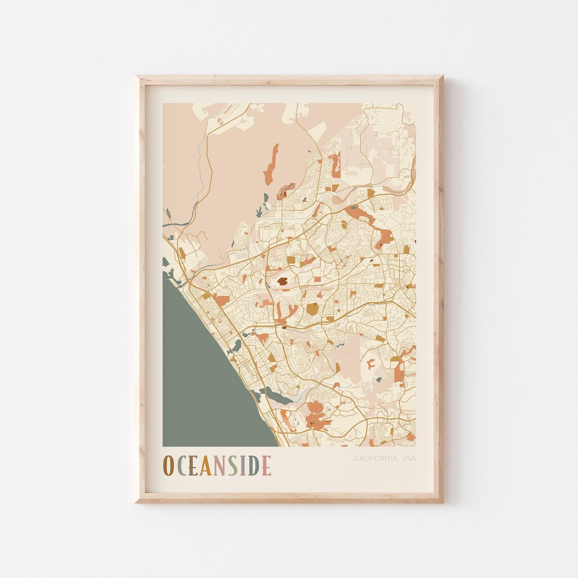 Oceanside California Warm Earth Tone City Street Map Art Decor Poster