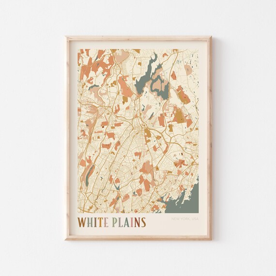 White Plains New York USA Warm Vintage Beige City Street Map Art Poster