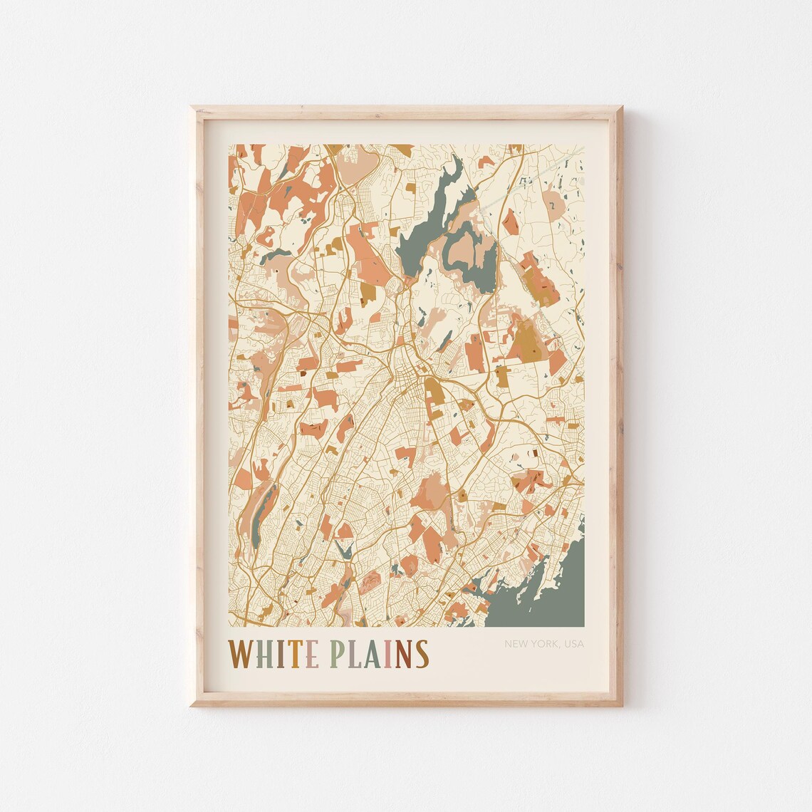 White Plains New York USA Warm Vintage Beige City Street Map Art Poster